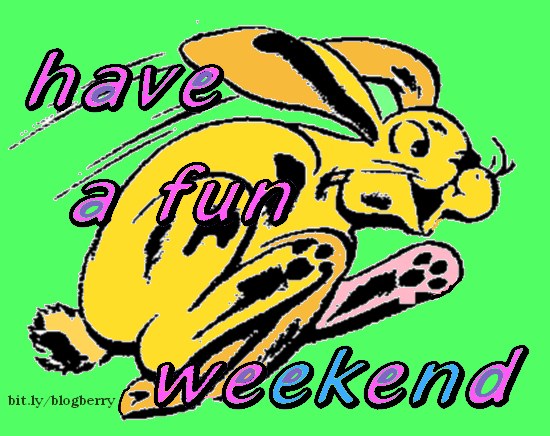 rabbit jumping card have good fun weekend and nice week yellow blue-green pink letters